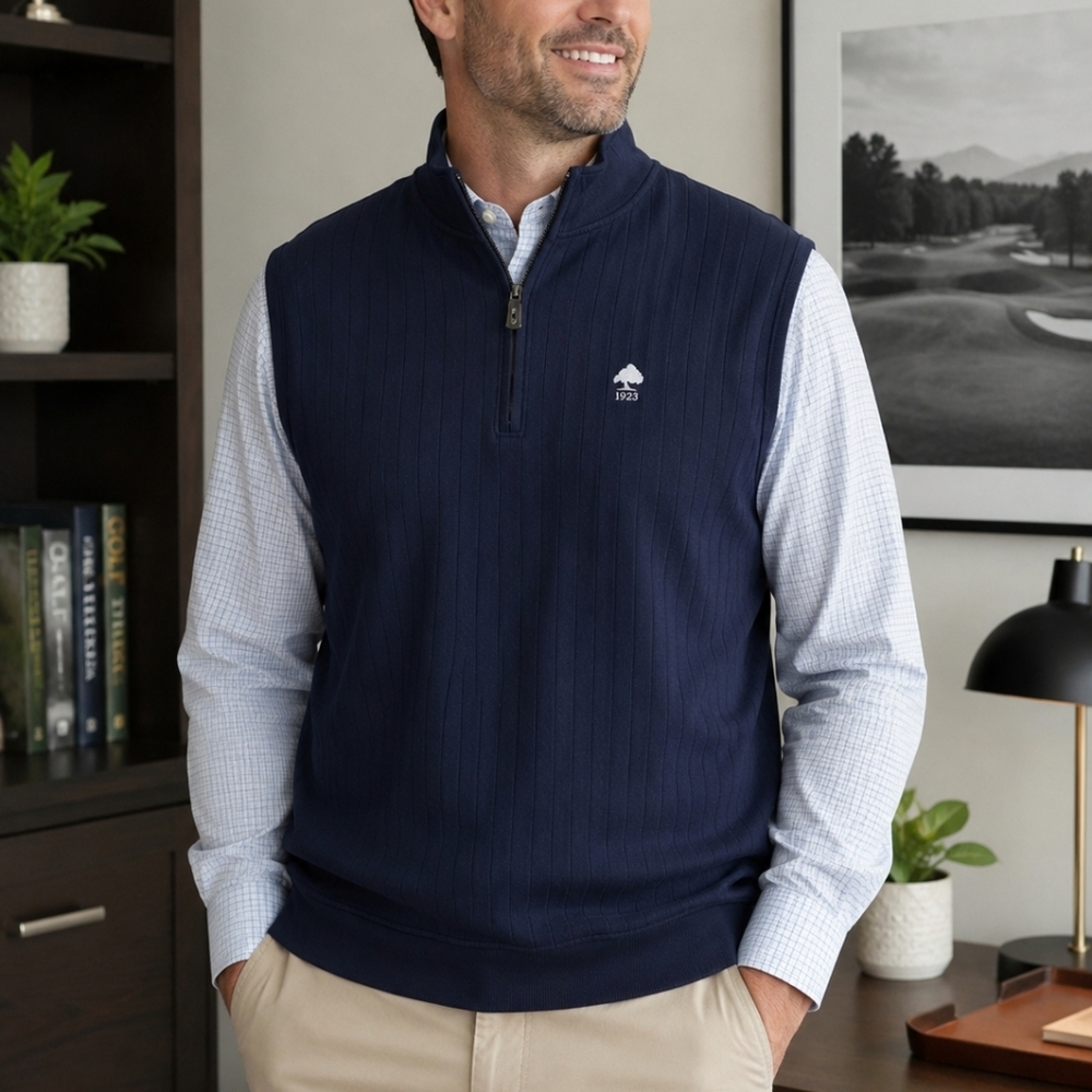 FJ FootJoy Men’s Navy Sweater Vest Size M Quarter Zip Golf Pullover Ribbed Blue
